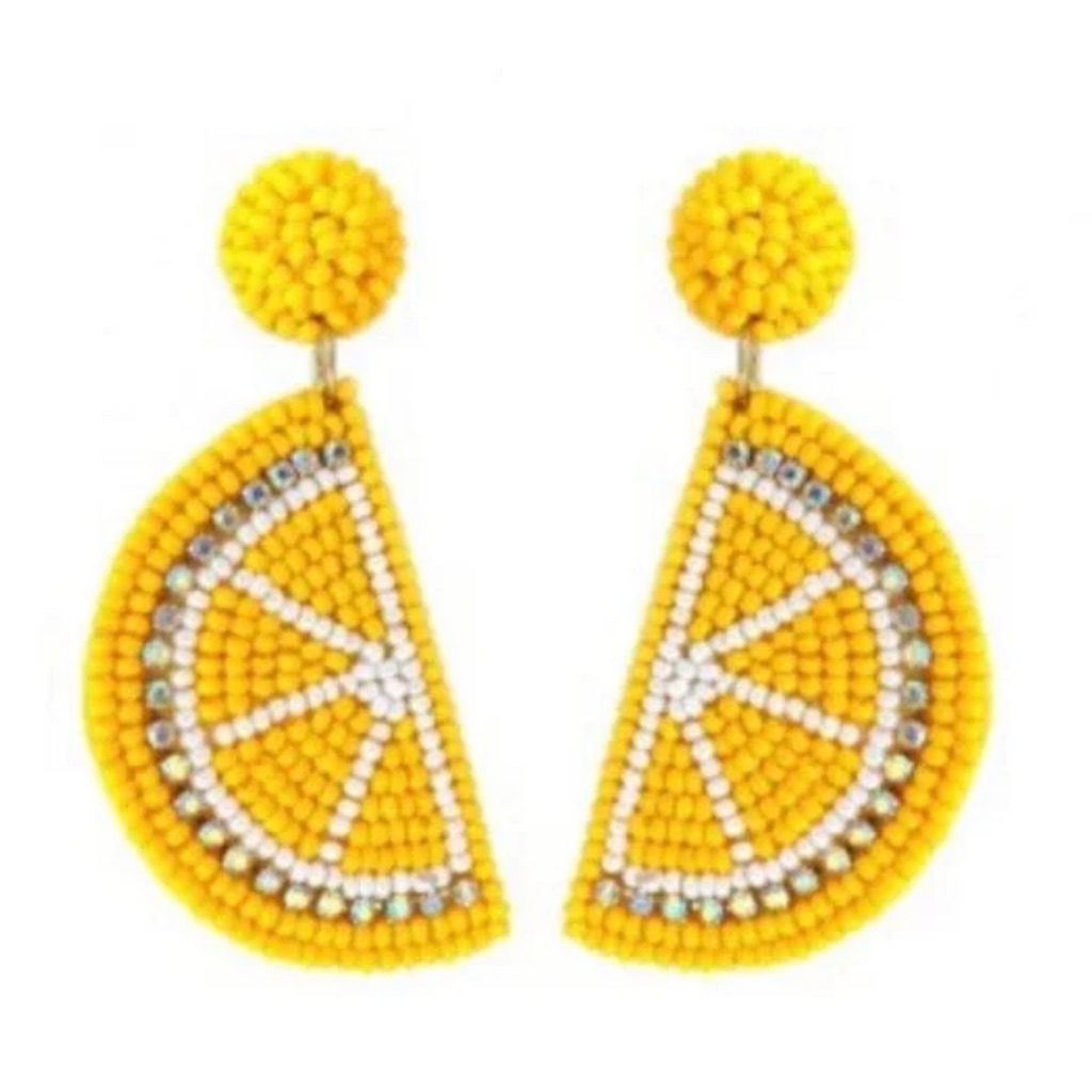 New C&C California Yellow Beaded Lemon Slice Earrings With Box.